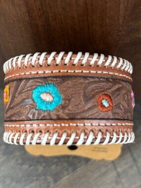 Justin Genuine Leather Cuff,tooled & floral embroidered,stitched edge,Western